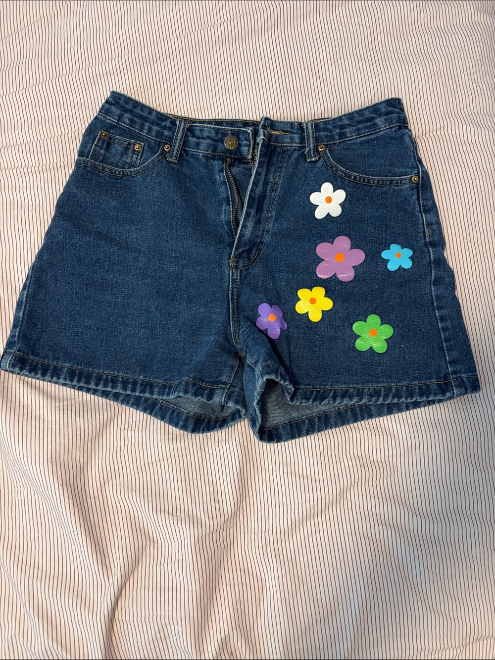 Denim Shorts with Multicolor Flower Appliqués - Blue